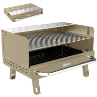 Outsunny Portable BBQ Grill, Charcoal Barbecue Grill with Adjustable Grates, Foldable Legs, Side Shelf for Camping Travel, Khaki(m-1)