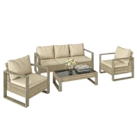 Outsunny 4 Piece Rattan Garden Furniture Set with 3-Seater Sofa, Armchairs, Table, Aluminium Frame Patio Conversation Set, Khaki(m-10)