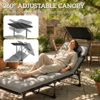 Outsunny Folding Sun Lounger with Canopy, Reclining Sunbed with Cushion, Side Pocket, Carrying Handle, Light Grey(m-4)
