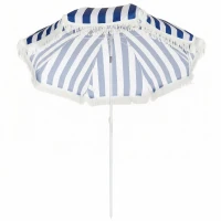 Outsunny Sombrilla de Playa con Flecos Ø180 cm Sombrilla de Terraza Exterior con Altura Ajustable Inclinación 30° Azul y Blanco(m-6)