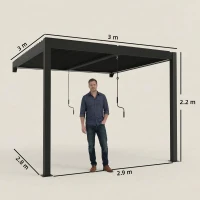 Outsunny 3 x 3 m Louvered Pergola with LED Lights, Metal Louvres, Wall Mounted Aluminium Patio Gazebo Pergola, Dark Grey(m-3)