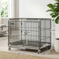 PawHut Cușcă pliabilă pentru câini, Tavă detașabilă, Roți cu frâne, Acoperiș rabatabil, Ușă pentru hrănire, 60,5x45,5x54,5cm, Negru(m-3)