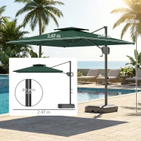 Outsunny Cantilever Parasol with Weighted Base Double Top Garden Parasol Square Hanging Patio Umbrella with Crank Tilt Dark Green(m-3)