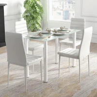 HOMCOM Ensemble de table à manger avec 4 chaises plateau en verre trempé, pieds en acier, pour cuisine salon blanc(m-10)