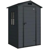 Outsunny 4 x 3 ft Plastic Garden Shed with Floor, Outdoor Storage Shed with Lockable Door, Window and Vent, Dark Grey(m-1)