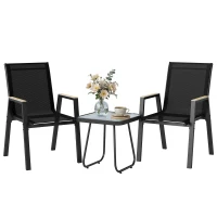 Outsunny Balkonmöbel Set 3 teilig Gartenmöbel Set mit Tisch 2 Stühle Atmungsaktiv Sitz Holzmaserung Schwarz(m-11)