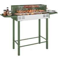 Outsunny BBQ Rotisserie Grill Roaster Charcoal Spit Roasting Machine for Chicken Turkey with 3-Level Grill Grate, Side Shelves, Dark Green(m-10)