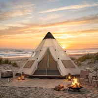 Outsunny 6 Men Tipi Tent with Carry Bag - Khaki(m-9)