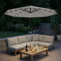 Outsunny 3 m Cantilever Parasol with Solar LED Lights Garden Umbrella with Cross Base, Light Grey(m-9)
