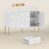HOMCOM Aparador Moderno com 3 Gavetas Prateleiras Ajustáveis Bancada com Efeito Mármore Pés em Aço 120x39,1x76 cm Branco(m-3)