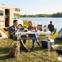 Outsunny 3ft Folding Camping Table, Picnic Table with Mesh Storage Layer, Carrying Bag and Metal Frame, Cream White(m-8)