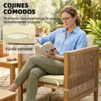Outsunny Conjunto de Muebles de Jardín de 4 Piezas con Sofá 2 Plazas 2 Sillones Mesa de Madera Cojines y Cuerda PP Beige(m-6)