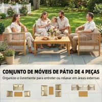 Outsunny Conjunto de Móveis de Jardim de 4 Peças com Sofá de 2 Lugares 2 Poltronas Mesa de Madeira Almofadas e Corda de PP Madeira e Bege(m-4)