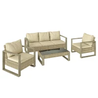 Outsunny 4 Piece Rattan Garden Furniture Set with 3-Seater Sofa, Armchairs, Table, Aluminium Frame Patio Conversation Set, Khaki(m-1)