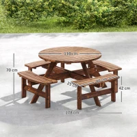 Outsunny Wooden Garden Dining Set, 8 Seater Patio Furniture Set with Round Picnic Table, Parasol Hole for Outdoor Garden, Tan(m-3)