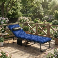 Outsunny Folding Sun Lounger with Canopy, Reclining Sunbed with Cushion, Side Pocket, Carrying Handle, Dark Blue(m-2)