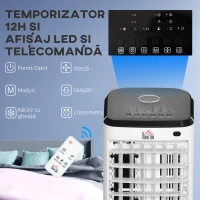 HOMCOM Răcitor Evaporativ 3-în-1, Ventilator, Umidificator cu Gheață și Dezumidificator, 3 Viteze, 3 Moduri și Telecomandă, Timer 12 Ore, 65W din ABS, 24.5x27x60 cm, Alb(m-7)