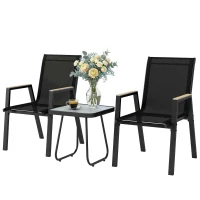 Outsunny Balkonmöbel Set 3 teilig Gartenmöbel Set mit Tisch 2 Stühle Atmungsaktiv Sitz Holzmaserung Schwarz(m-10)