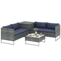 Outsunny 4 Piece Rattan Garden Furniture Set, Outdoor Corner Sofa Set with Storage Table, Loveseats, Cushions - Dark Blue(m-10)