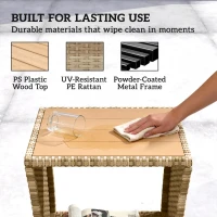 Outsunny Side Table 2-Tier Outdoor Coffee Table with Storage Shelf PS Wood Slat Top/Khaki(m-5)