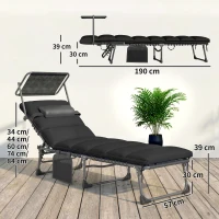 Outsunny Folding Sun Loungers Set of 2 with Canopy, Reclining Sunbed with Cushion, Side Pocket, Carrying Handle, Black(m-3)