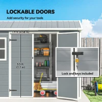 Outsunny 8 x 4 ft Resin Garden Shed, Wood-Effect Outdoor Storage Shed with Floor, Windows, Lockable Doors and Vents, Light Grey(m-6)
