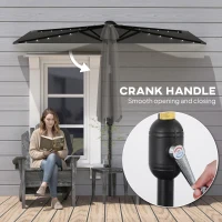 Outsunny 2.6 m Half Garden Parasol with Solar LED Lights, UPF50+ Semi Round Umbrella with 30° Tilt, Crank Handle, Dark Grey(m-9)