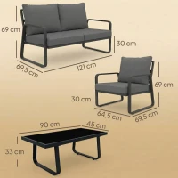 Outsunny Salón de Jardín 4 Piezas con Cojines Desenfundables Muy Gruesos 10cm Mesa de Centro en Vidrio Templado Negro(m-3)
