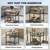 Outsunny Outdoor Grill Cart with Stainless Steel Tabletop, 3-Tier Pizza Oven Stand with 2 Shelves, 6 Hooks, Wheels, Black(m-7)