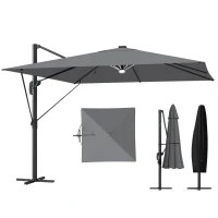 Outsunny 3 x 3 m Garden Cantilever Parasol with Light, Cover, Overhanging Umbrella w/ Wind Protection, 360° Rotation, Light Grey(m-11)
