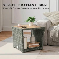 Outsunny Side Table 2-Tier Outdoor Coffee Table with Storage Shelf PS Wood Slat Top/Light Grey(m-8)