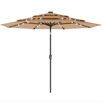 Outsunny 2.8 m Garden Parasol Umbrella with LED Solar Light, Parasol Cover, 3 Tier Outdoor Table Market Patio Umbrella, Khaki(m-1)
