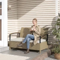 Outsunny 125L Garden Storage Bench, 2 Seater PE Rattan Outdoor Bench Storage Box with Padded Cushion, Khaki(m-8)