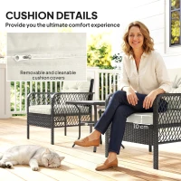 Outsunny 3 Pieces Rattan Bistro Set with Glass Top Coffee Table, Chairs and Cushions for Outdoor, Patio, Balcony, Cream(m-6)