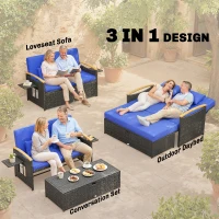 Outsunny Double Garden Rattan Daybed, Wicker Sun Bed Chaise Lounger with Storage Ottoman, 4-Level Adjustable Backrest, Brown(m-4)