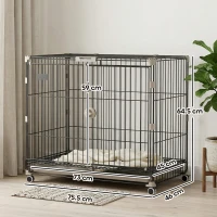 PawHut Cușcă pliabilă pentru câini, Tavă detașabilă, Roți cu frâne, Acoperiș rabatabil, Ușă de hrănire, 75,5x46x64,5cm, Negru(m-3)