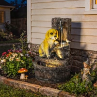 Outsunny Garden Water Feature with 3-Tier Rustic Puppy Design, Freestanding Resin with LED Lights, Adjustable Flow, Rustic Brown(m-2)