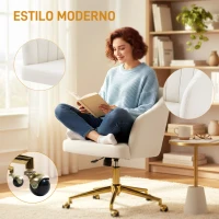 HOMCOM Silla de Oficina con Ruedas de Terciopelo con Respaldo Acolchado Altura Ajustable Espuma Alta Resiliencia Crema(m-4)