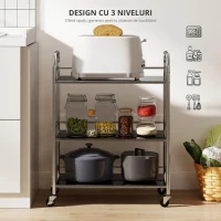 HOMCOM Cărucior multifuncțional cu 4 niveluri, cu raft central reglabil și margini înălțate, din oțel inoxidabil, 60x35x77 cm(m-6)