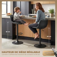 HOMCOM Lot de 2 tabourets de bar, chaises de bar hauteur réglable, dossier et repose-pieds, pivotant 360°, pieds en acier, noir(m-4)