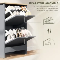 HOMCOM Meuble à chaussures 12 paires, armoire à chaussures étroite avec 2 tiroirs rabattables et étagères réglables, gris foncé(m-6)