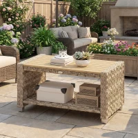 Outsunny Outdoor Coffee Table with Storage Shelf, PE Rattan Side Table with Slatted Top and Foot Pads, Light Brown(m-9)