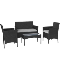Outsunny 4 Piece Rattan Garden Furniture Sofa Set with Loveseat, Armchairs, Glass-Top Coffee Table and Cushions, Black(m-1)