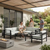 Outsunny 5-Piece Garden Corner Sofa Set with Cushions, 6 Seater Aluminium Garden Furniture Set with Coffee Table, Light Grey(m-7)