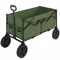 Outsunny 95L Foldable Festival Trolley on Wheels, Collapsible Wagon Cart with Adjustable Handle and 2 Cup Holders, Dark Green(m-11)