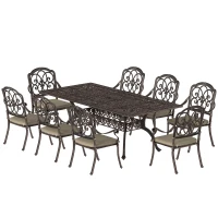 Outsunny 9 Piece Cast Aluminium Garden Dining Set, Garden Table and Chairs Set with Cushions, Parasol Hole for Patio, Bronze Tone(m-11)