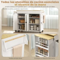 HOMCOM Isla de Cocina con Ruedas Encimera Extensible 4 Puertas Estantes Ajustables Especiero y Soporte para Toallas Blanco(m-5)