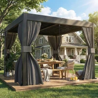 Outsunny 3 x 3 m Louvered Pergola with Adjustable Metal Louvred Roof, Aluminium Patio Gazebo with Netting and Curtains, Dark Grey(m-2)