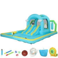 AIYAPLAY Castelo Insuflável Aquático 7 em 1 com Insuflador 450W 2 Escorregas Trampolim Piscina Cesto Coluna de Boxe 426x360x198 cm Multicor(m-12)