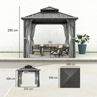 Outsunny 3 x 3(m) Hardtop Gazebo Canopy with Metal Roof, Waterproof Permanent Pavilion Garden Gazebo with Netting, Curtains, Grey(m-3)